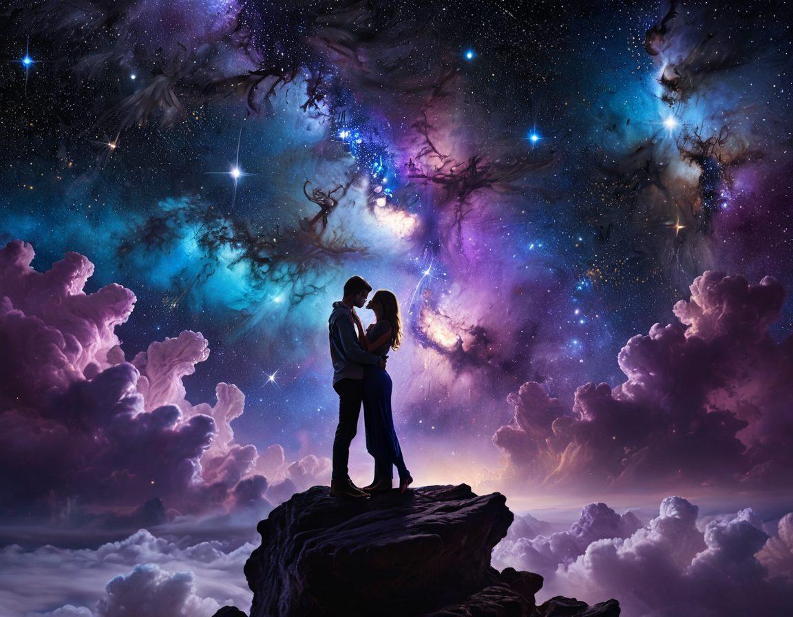 A cosmic scene featuring a couple embracing under a starry sky, surrounded by ethereal galaxies and nebulae symbolizing desire and intimacy. Soft, glowing light can radiate from their connection, enhancing the atmosphere of love and satisfaction. Include abstract representations of expert strategies, like symbols for communication and trust, floating around them. The color palette should be deep blues, purples, and golds to evoke a sense of cosmic wonder. vibrant colors. super-realistic.